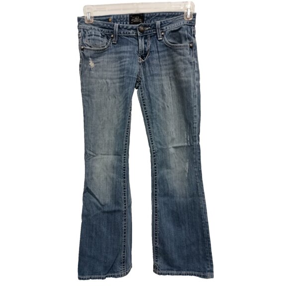 VTG Y2K Rerock For Express Bootcut Jeans Womens Sz 4 Short Blue Denim Distressed - Picture 1 of 12